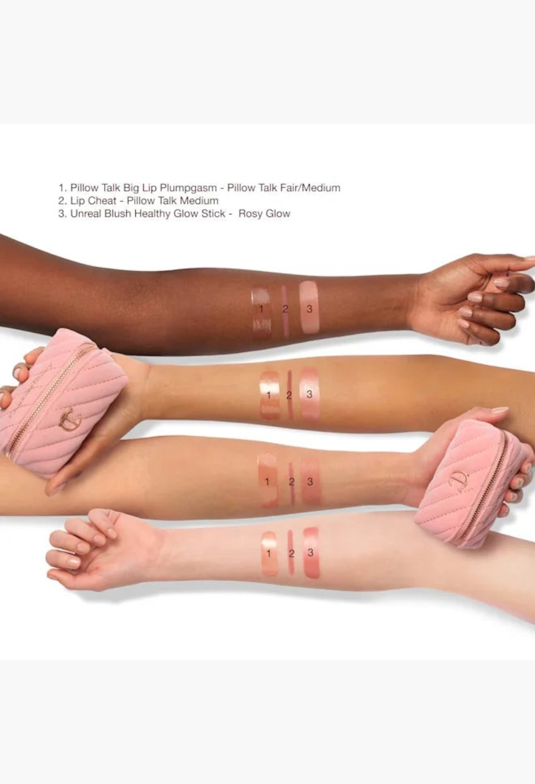 GLAM MODA Pillow Talk Everyday Icons makeup set swatches on four different skin tones with a pink quilted makeup bag