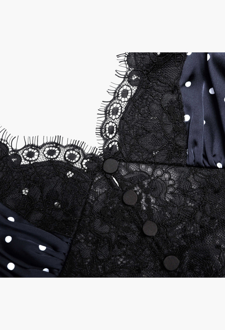 Polka Dot Satin Lace Maxi Dress - GLAM MODA