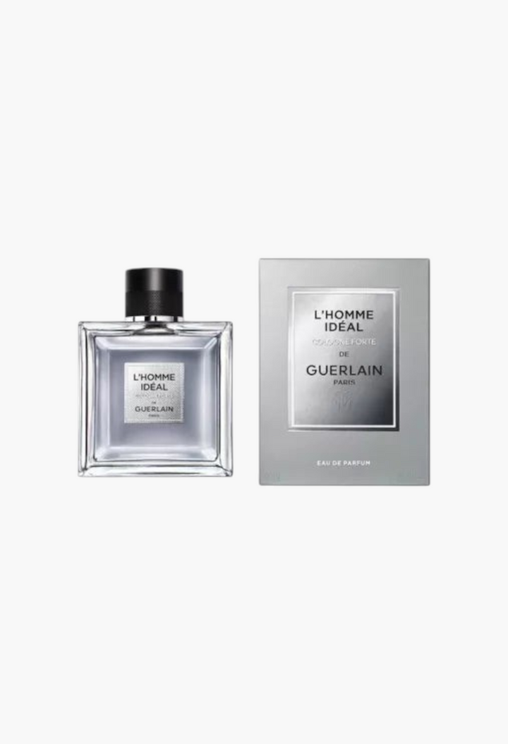 GLAM MODA L’Homme Idéal Cologne Forte Eau de Parfum bottle and silver box packaging on a white background