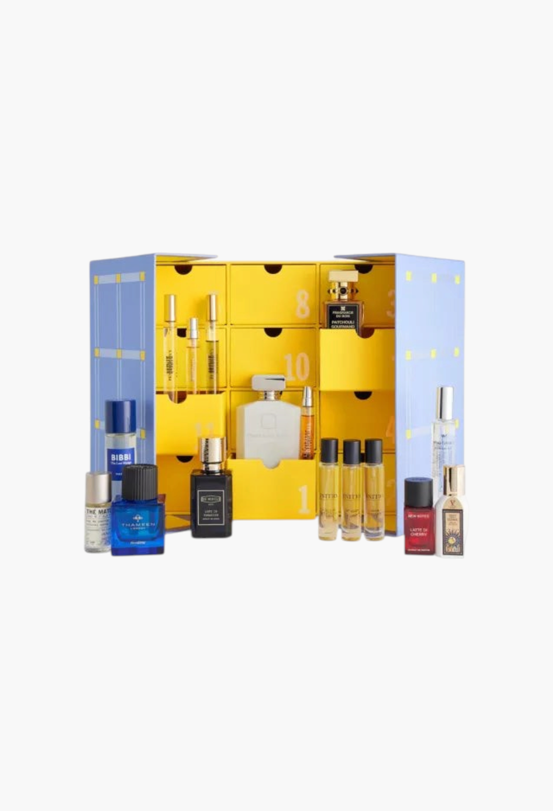 GLAM MODA Fragrance Advent Calendar 2026 featuring various luxury perfume bottles displayed in a yellow drawer box.