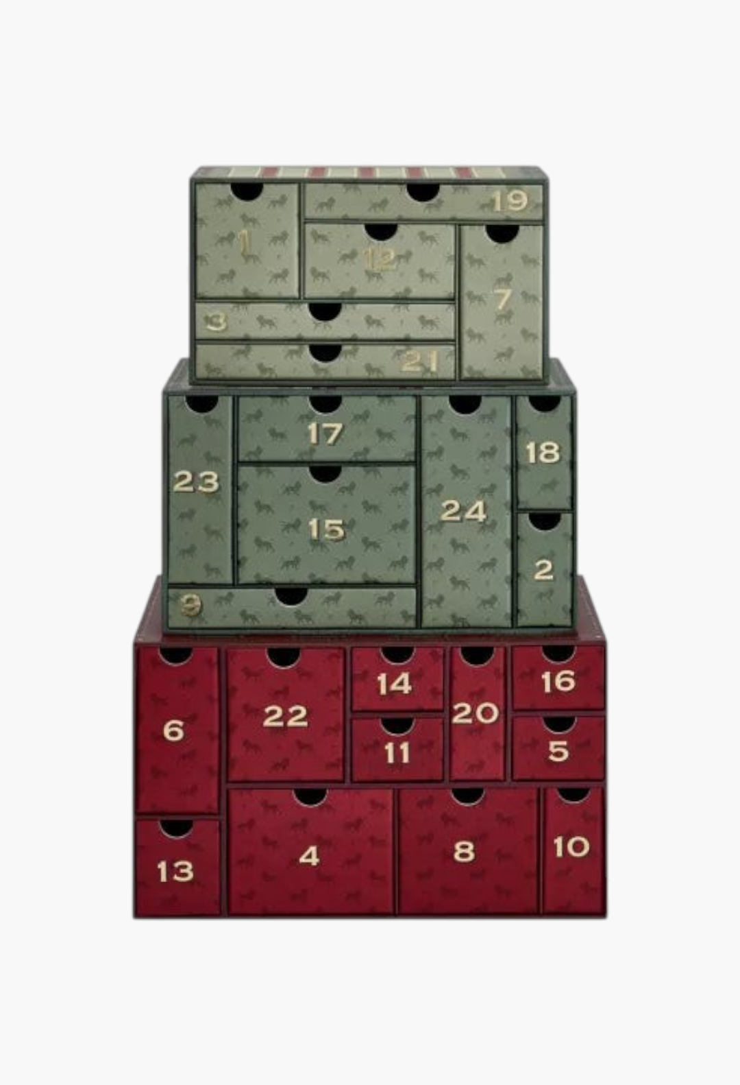GLAM MODA Penhaligon's 2026 advent calendar featuring stacked green and red vintage-style drawers with gold numbering.