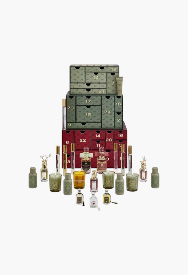 GLAM MODA Penhaligon's 2026 advent calendar featuring luxury perfumes, scented candles, and body care in a trunk box.