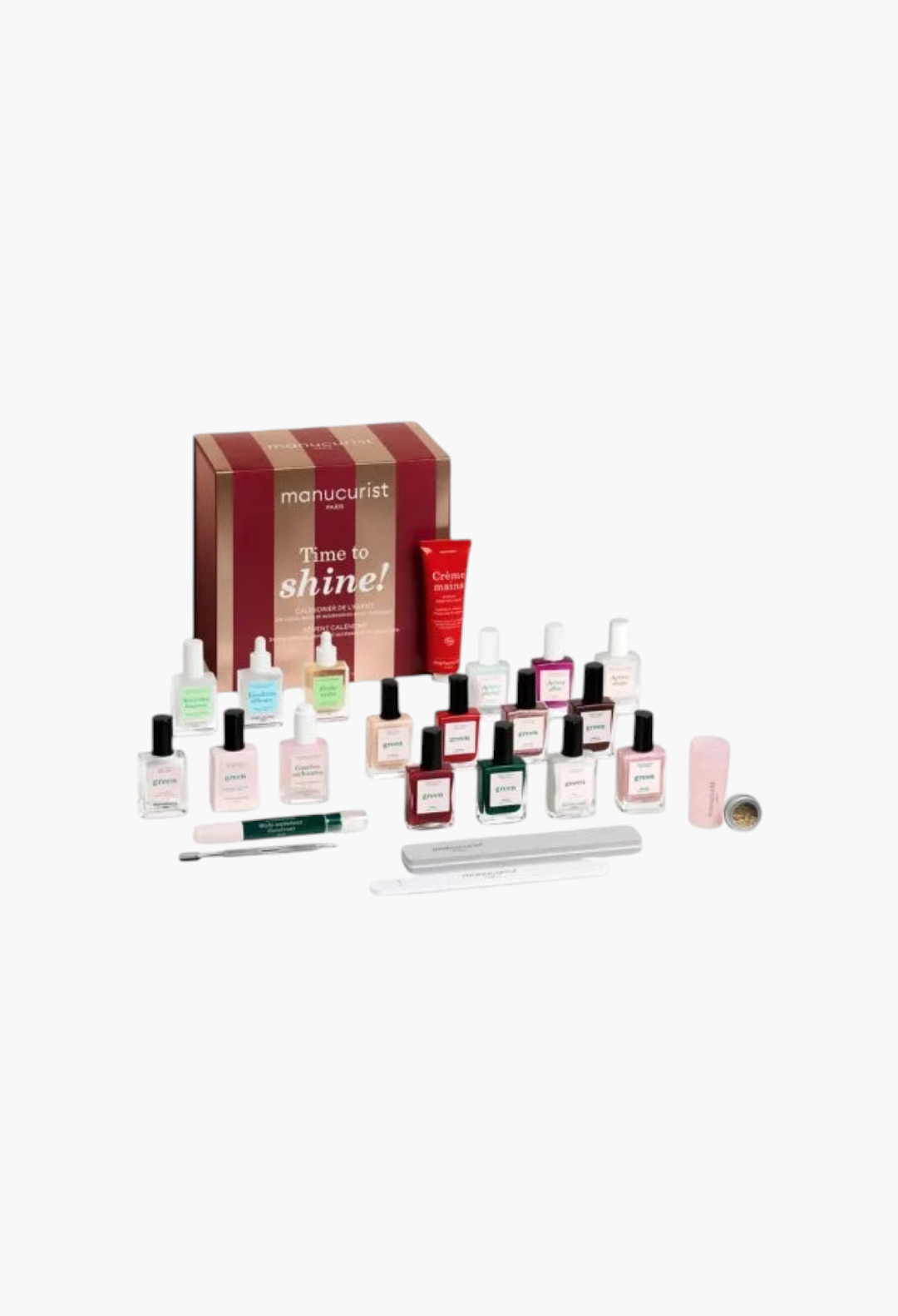 GLAM MODA Manucurist Time to Shine! Advent Calendar featuring 24 full-size nail polishes, hand care, and accessories.