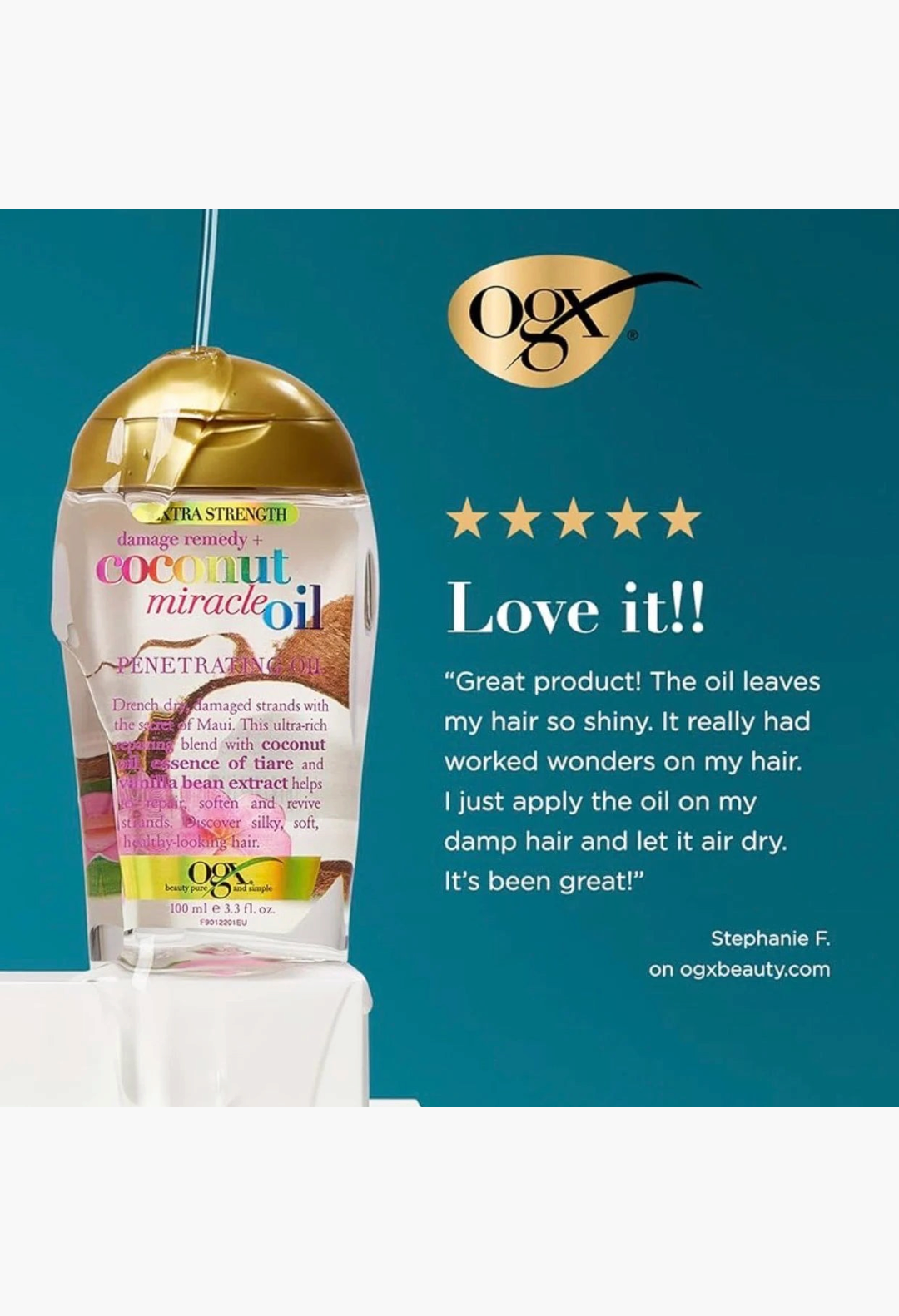 GLAM MODA OGX Coconut Miracle Oil hair treatment bottle with gold cap on a white pedestal against a teal background