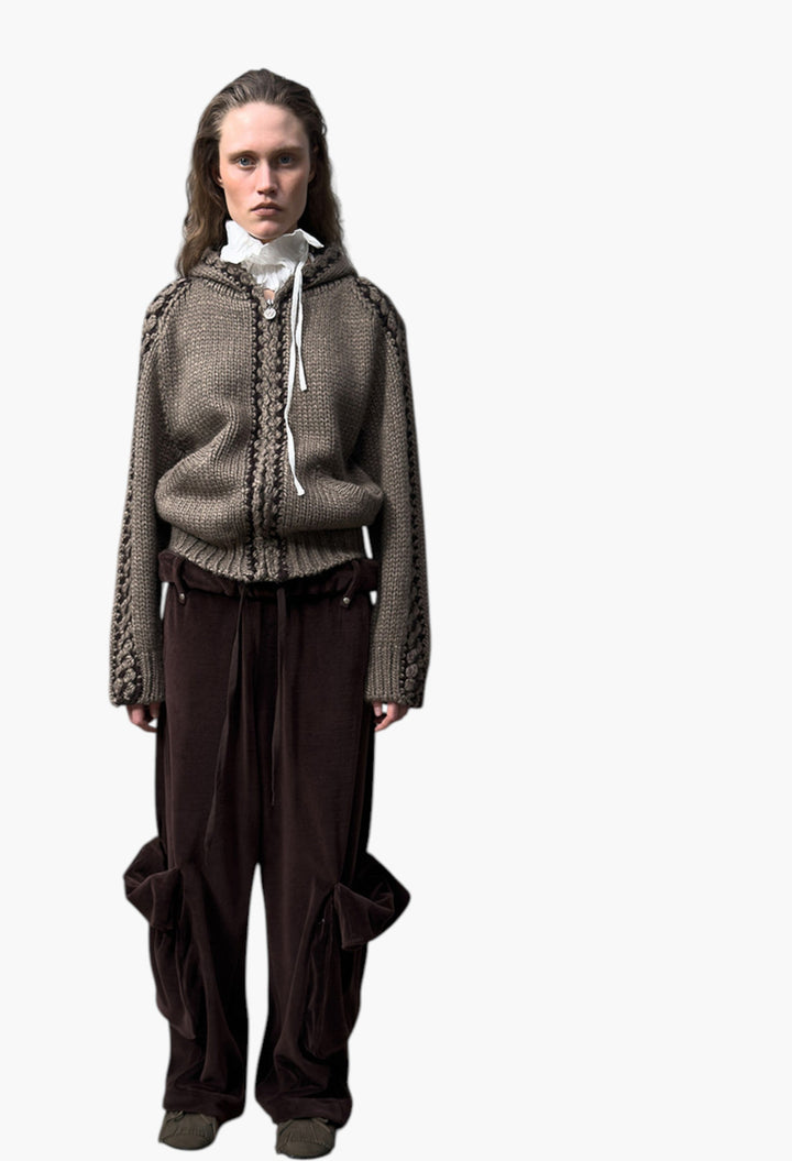 Rolled Waist Velour Cargo Pants, Brown - GLAM MODA