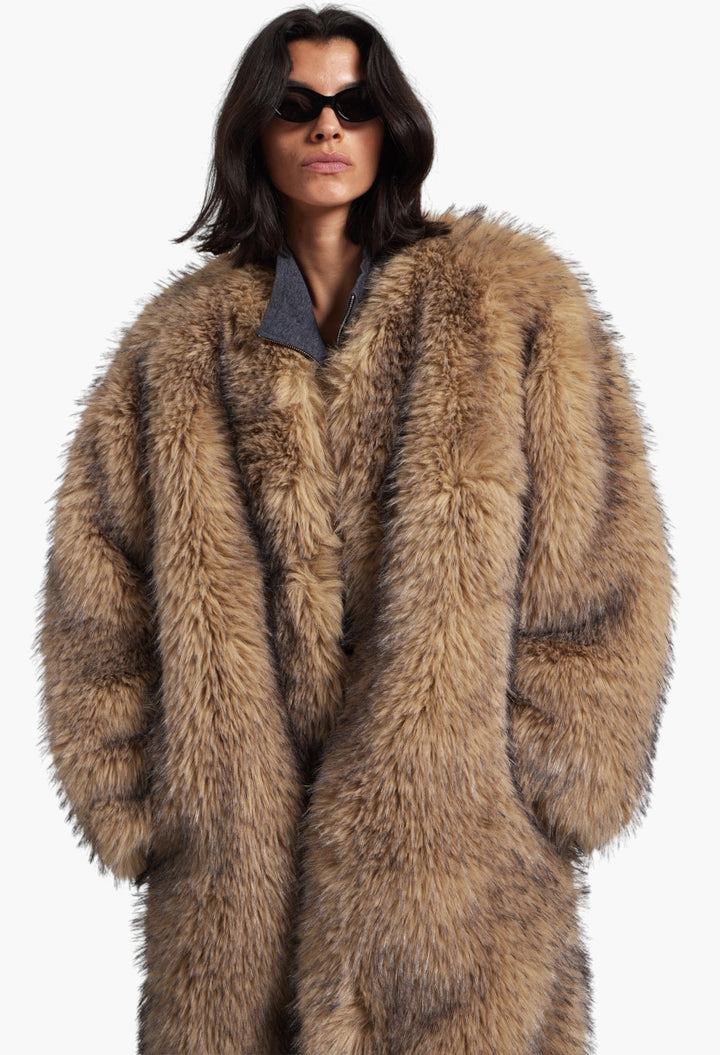 Rotate Faux Fur Long Coat - Nougat - GLAM MODA
