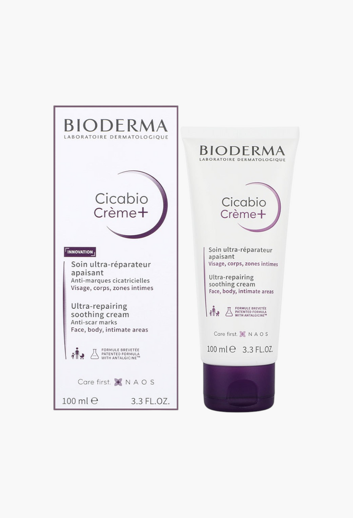 GLAM MODA Bioderma Cicabio Crème+ ultra-repairing soothing cream in a 100ml tube and its matching white product box.