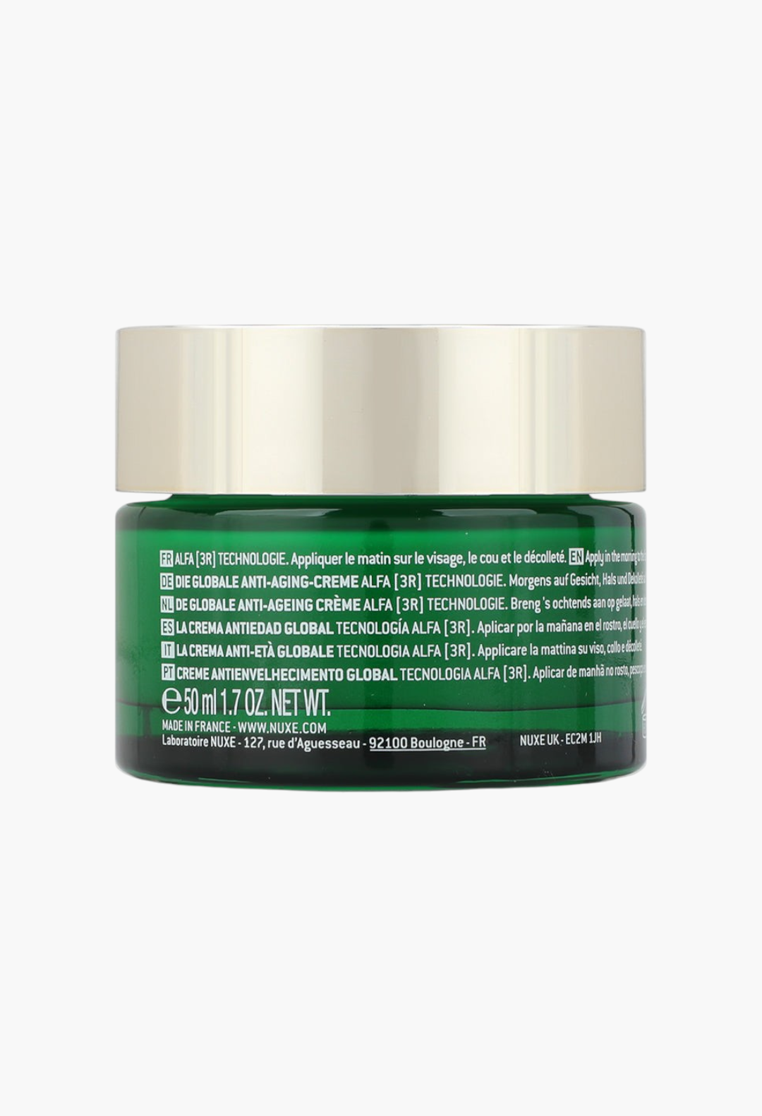 GLAM MODA Nuxuriance Ultra anti-aging cream in a green glass jar with a gold lid, back view showing product details.