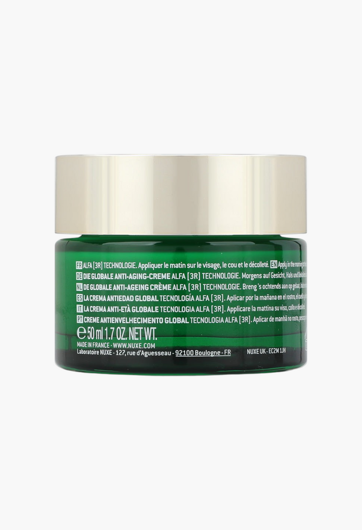 GLAM MODA Nuxuriance Ultra anti-aging cream in a green glass jar with a gold lid, back view showing product details.