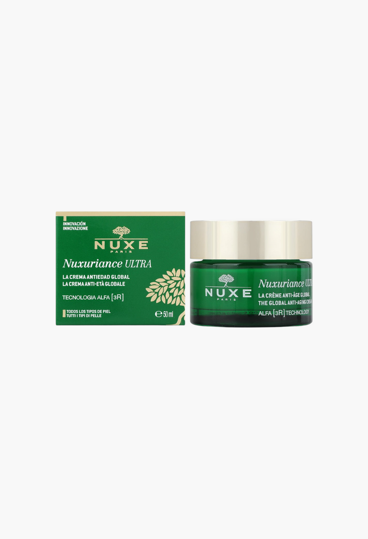 GLAM MODA Nuxe Nuxuriance Ultra anti-aging cream in a green glass jar with matching box featuring ALFA 3R technology.