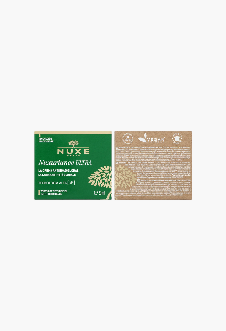 GLAM MODA Nuxuriance Ultra anti-aging cream box with green and beige packaging featuring natural ingredients