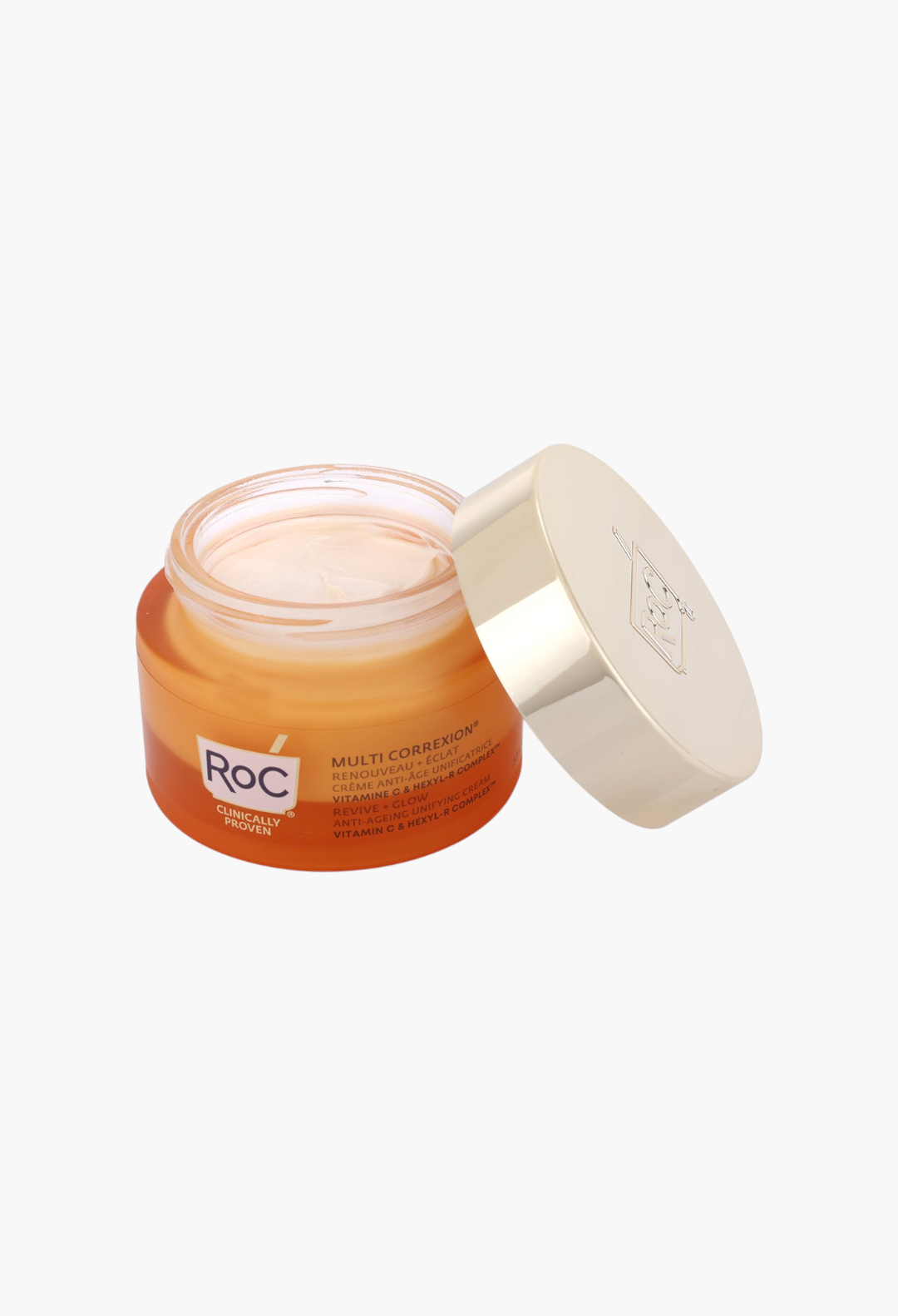 GLAM MODA RoC Multi Correxion Revive and Glow rich cream in an orange glass jar with a gold lid