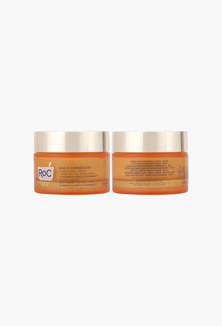 GLAM MODA RoC Multi Correxion Revive and Glow rich cream jars showing front and back labels on a white background.