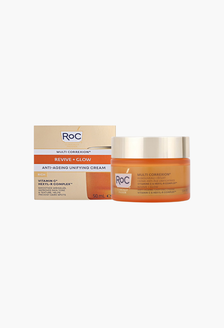 GLAM MODA RoC Multi Correxion Revive and Glow rich cream jar and packaging box for anti-aging and skin brightening