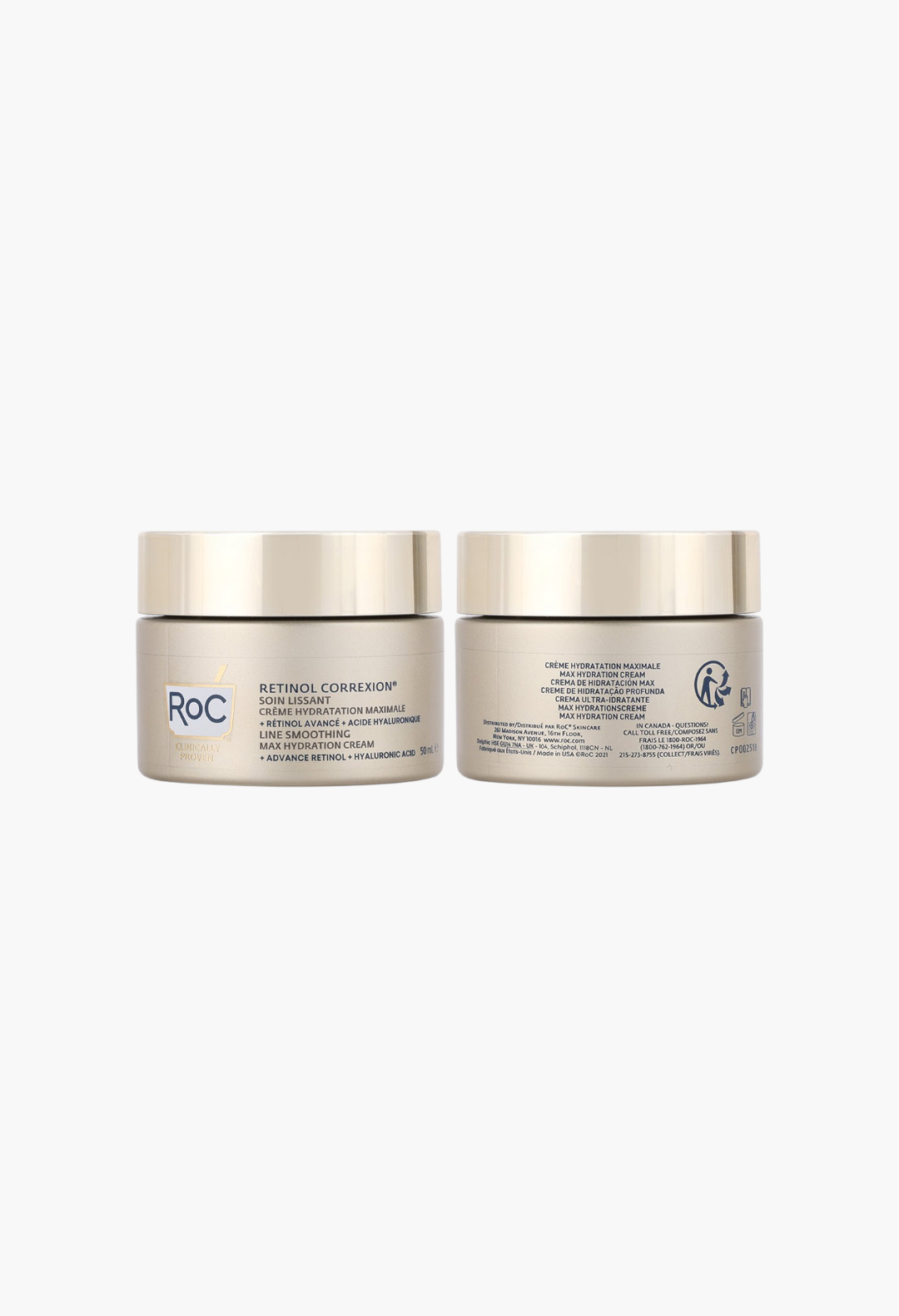 GLAM MODA RoC Retinol Correxion Line Smoothing Max Hydration Cream jars showing front and back labels