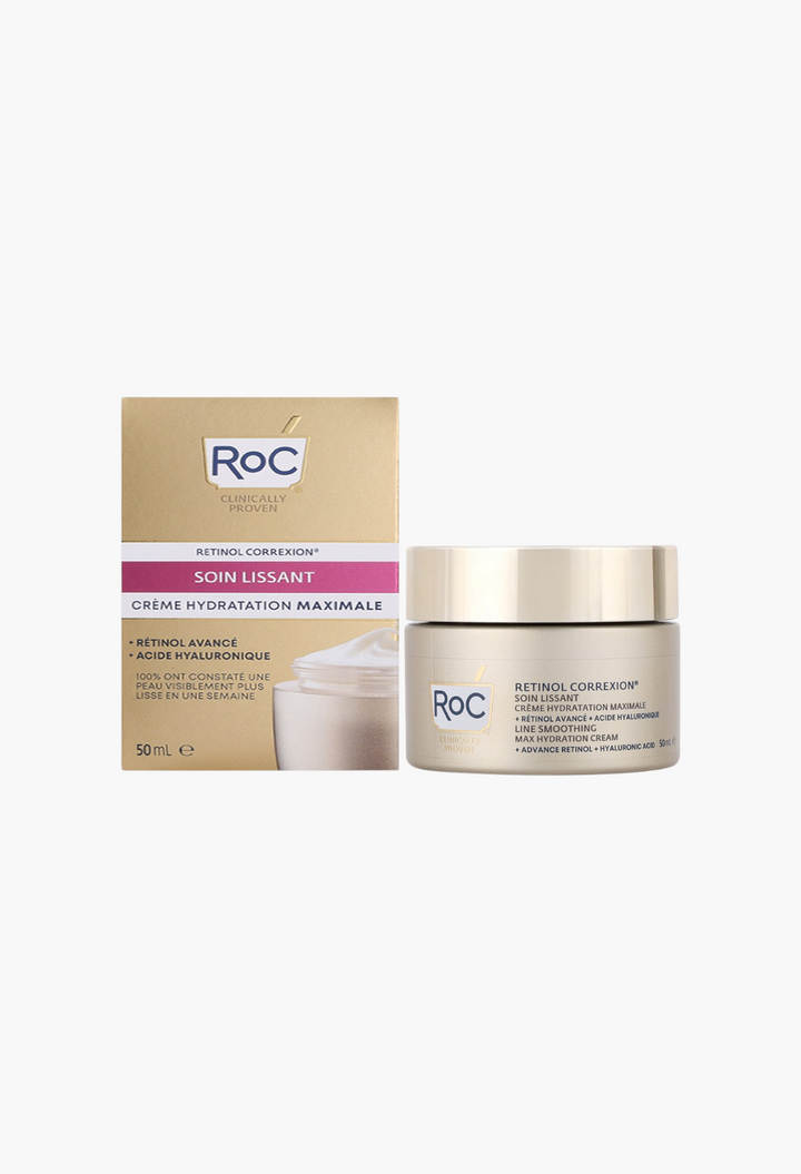 GLAM MODA RoC Retinol Correxion Line Smoothing Max Hydration Cream jar and gold box packaging