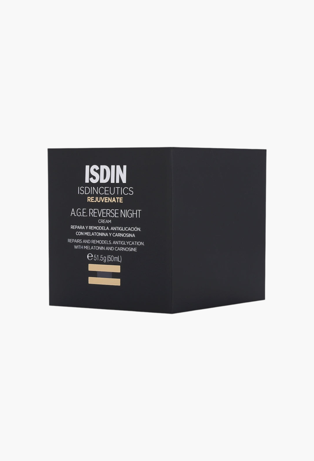 GLAM MODA Isdinceutics A.G.E. Reverse Night Cream in a black square jar with gold and white text details.