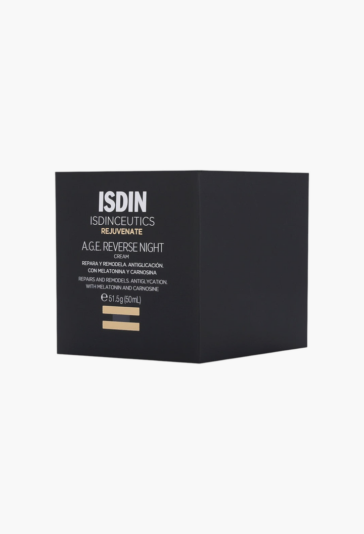 GLAM MODA Isdinceutics A.G.E. Reverse Night Cream in a black square jar with gold and white text details.