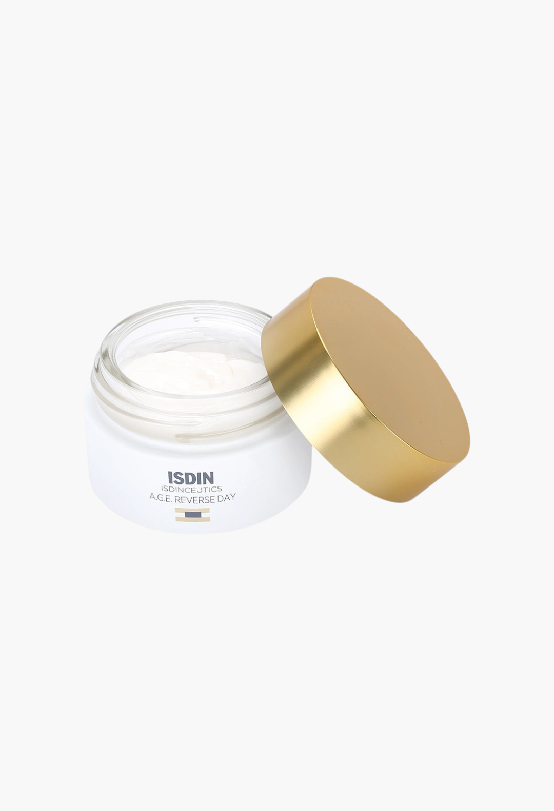 GLAM MODA Isdinceutics A.G.E. Reverse Day Cream in a white jar with a gold lid and open top.