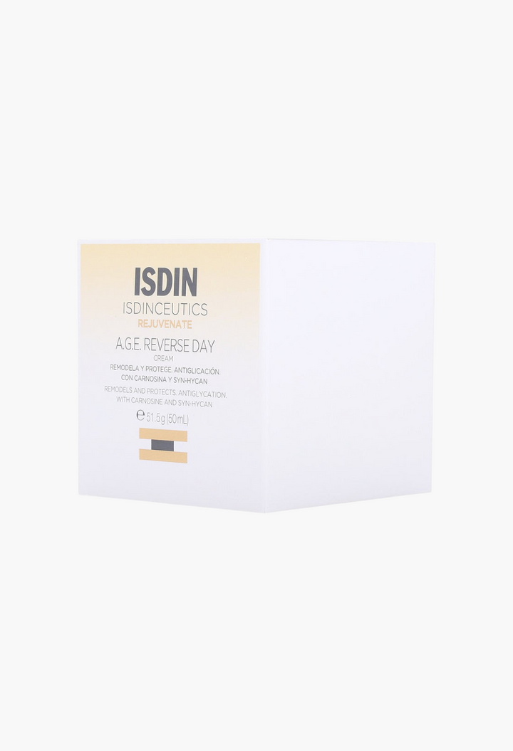 GLAM MODA Isdinceutics A.G.E. Reverse Day Cream box featuring anti-aging and anti-pollution skincare benefits.