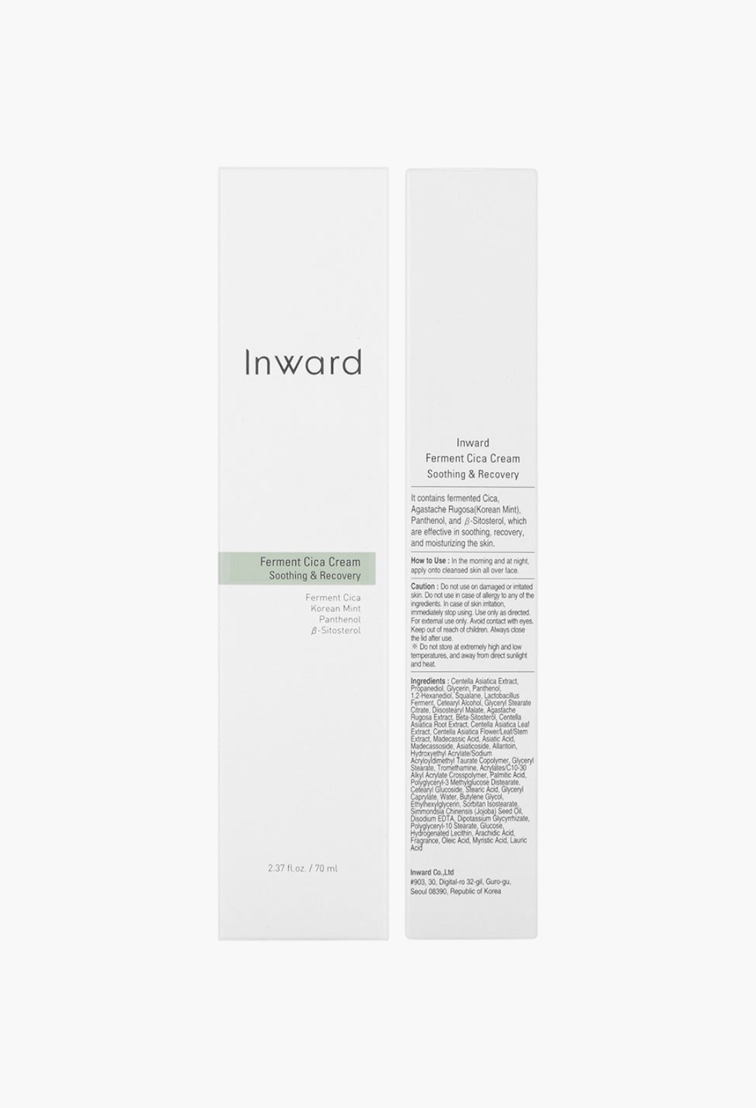 GLAM MODA Inward Ferment Cica Soothing & Recovery Cream white product box with detailed ingredient list