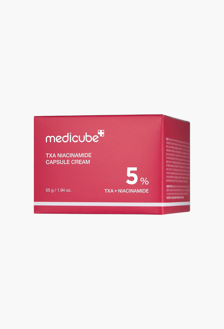 GLAM MODA Medicube TXA Niacinamide Capsule Cream in a vibrant red box for brightening and evening skin tone.