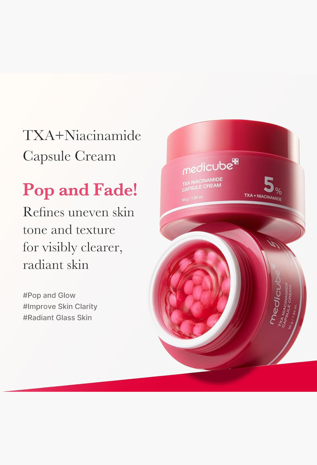 GLAM MODA TXA Niacinamide Capsule Cream with red gel and capsules in a stacked pink jar for brightening skin tone