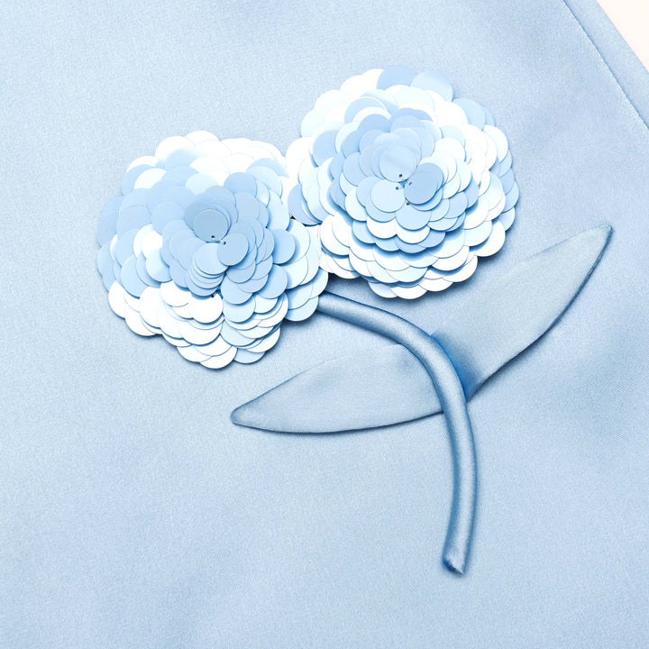 Blue Satin 3D Sequin Flower Mini Skirt - GLAM MODA