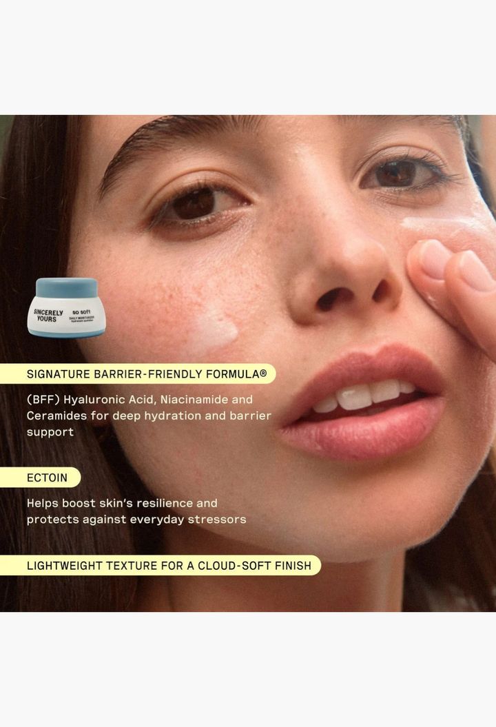 GLAM MODA travel-sized moisturizer applied to a model's cheek, highlighting the lightweight, hydrating formula.