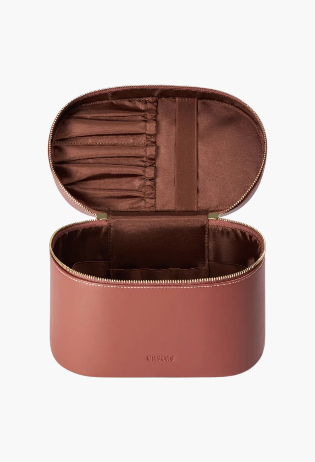 GLAM MODA espresso brown oval vegan leather vanity case with open lid and interior brush storage pockets