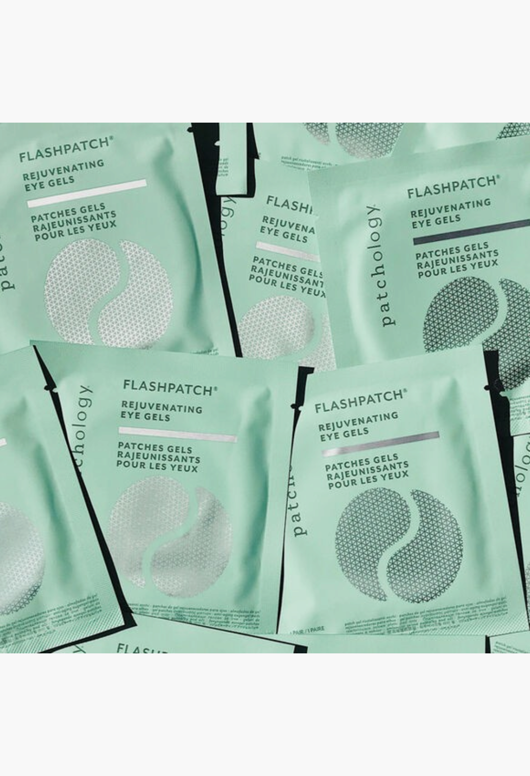 GLAM MODA Patchology FlashPatch rejuvenating hydrogel eye mask sachets in mint green packaging for tired eyes
