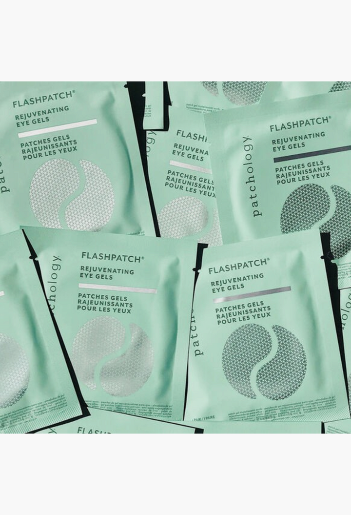 GLAM MODA Patchology FlashPatch rejuvenating hydrogel eye mask sachets in mint green packaging for tired eyes