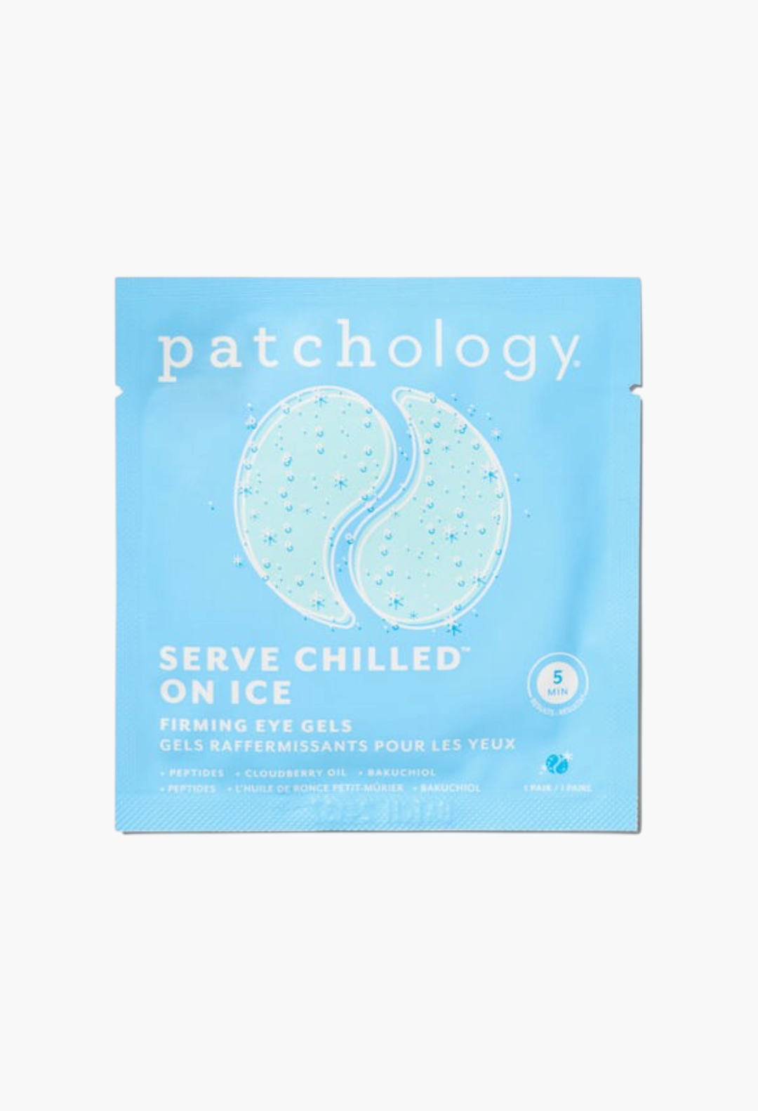 GLAM MODA Patchology Serve Chilled on Ice firming eye gel mask single packet in light blue packaging.