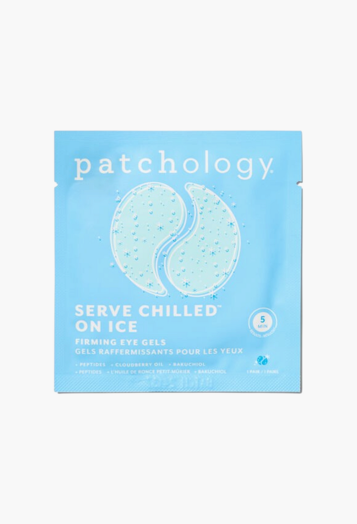 GLAM MODA Patchology Serve Chilled on Ice firming eye gel mask single packet in light blue packaging.