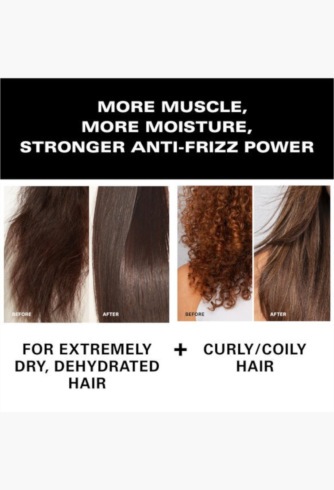GLAM MODA Color Wow Extra Strength Dream Coat before and after results showing smooth hair for dry and curly textures.