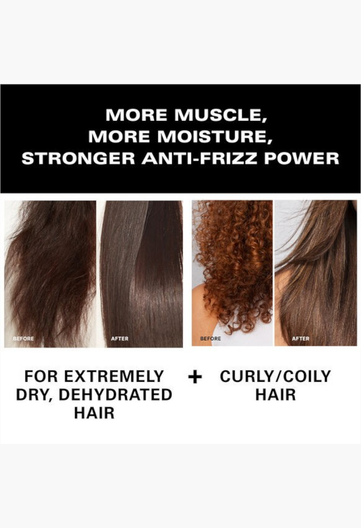 GLAM MODA Color Wow Extra Strength Dream Coat before and after results showing smooth hair for dry and curly textures.