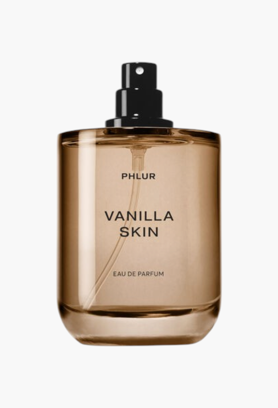 GLAM MODA Phlur Vanilla Skin Eau De Parfum in a sleek glass bottle with a black spray cap against a white background.