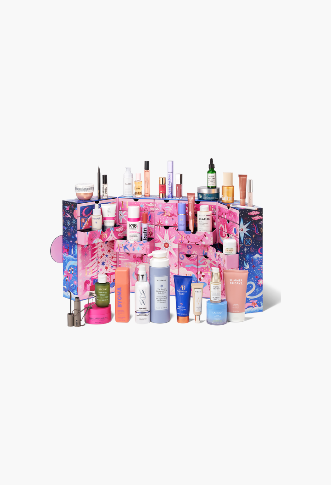 GLAM MODA 2026 beauty advent calendar featuring 35 luxury skincare, makeup, and hair products in a festive pink box.