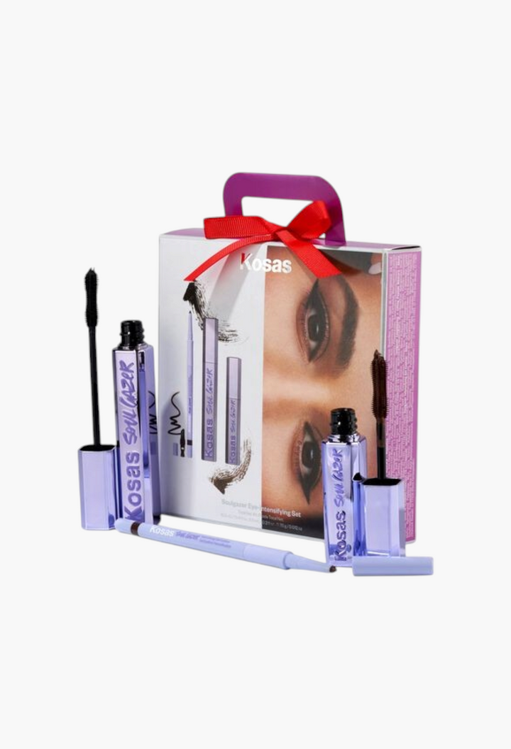 GLAM MODA Kosas Soulgazer Eye-intensifying Set featuring two mascaras and a waterproof gel eyeliner in a gift box.