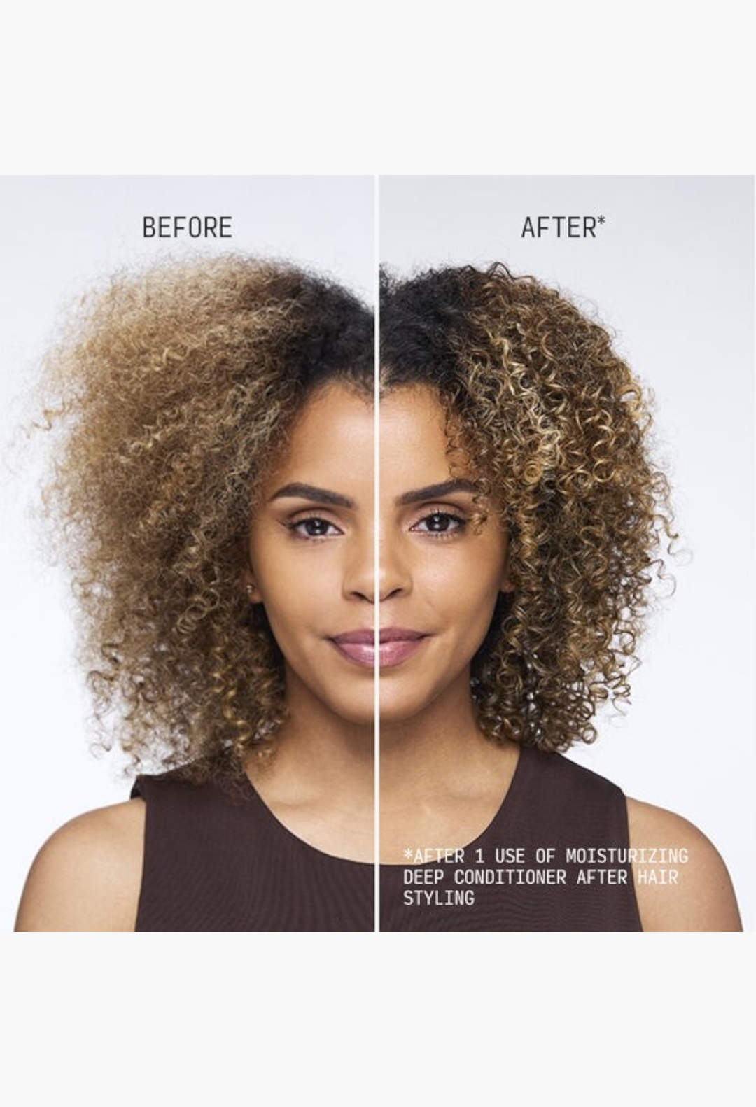 GLAM MODA Moisturizing Deep Conditioner before and after results on a woman with curly hair showing improved hydration