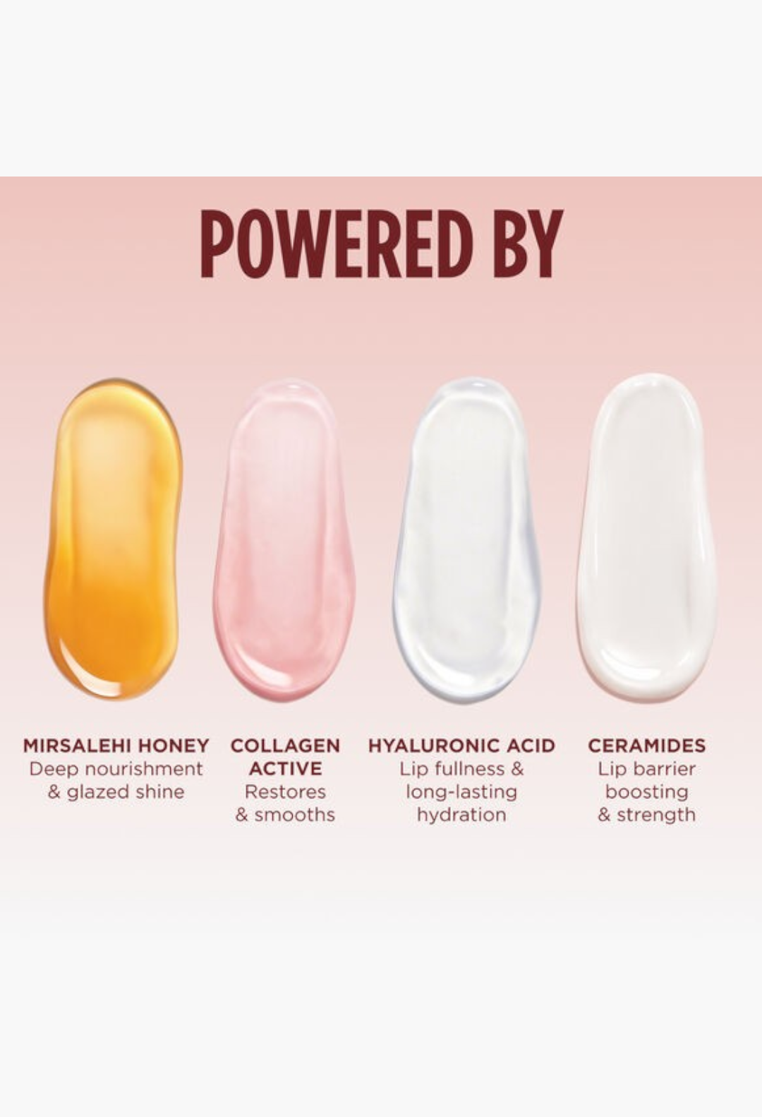 GLAM MODA lip mask ingredient swatches showing honey, collagen, hyaluronic acid, and ceramide textures.