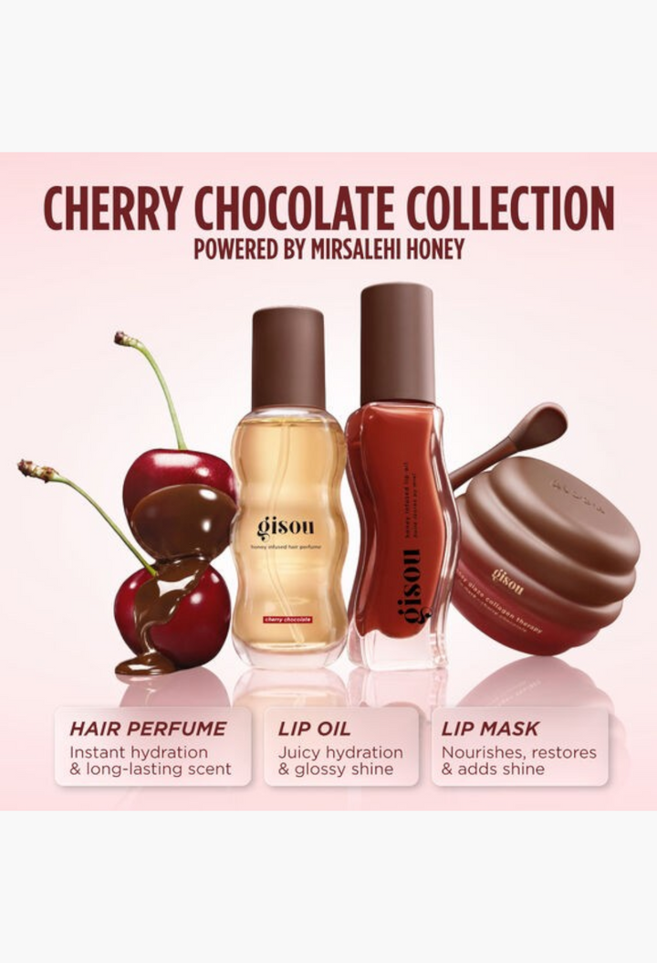 GLAM MODA Gisou Cherry Chocolate collection featuring hair perfume, lip oil, and lip mask with fresh cherry accents.