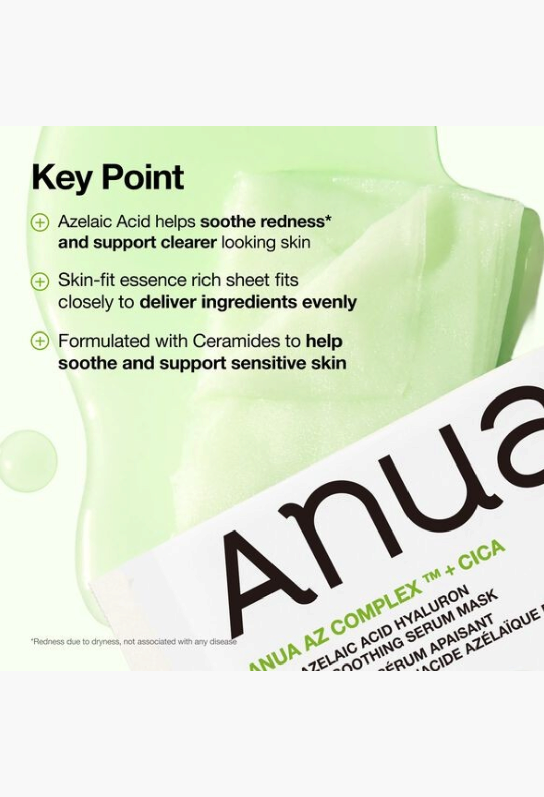 GLAM MODA Anua Azelaic Acid Hyaluron soothing sheet mask packaging with key benefits listed on a light green background