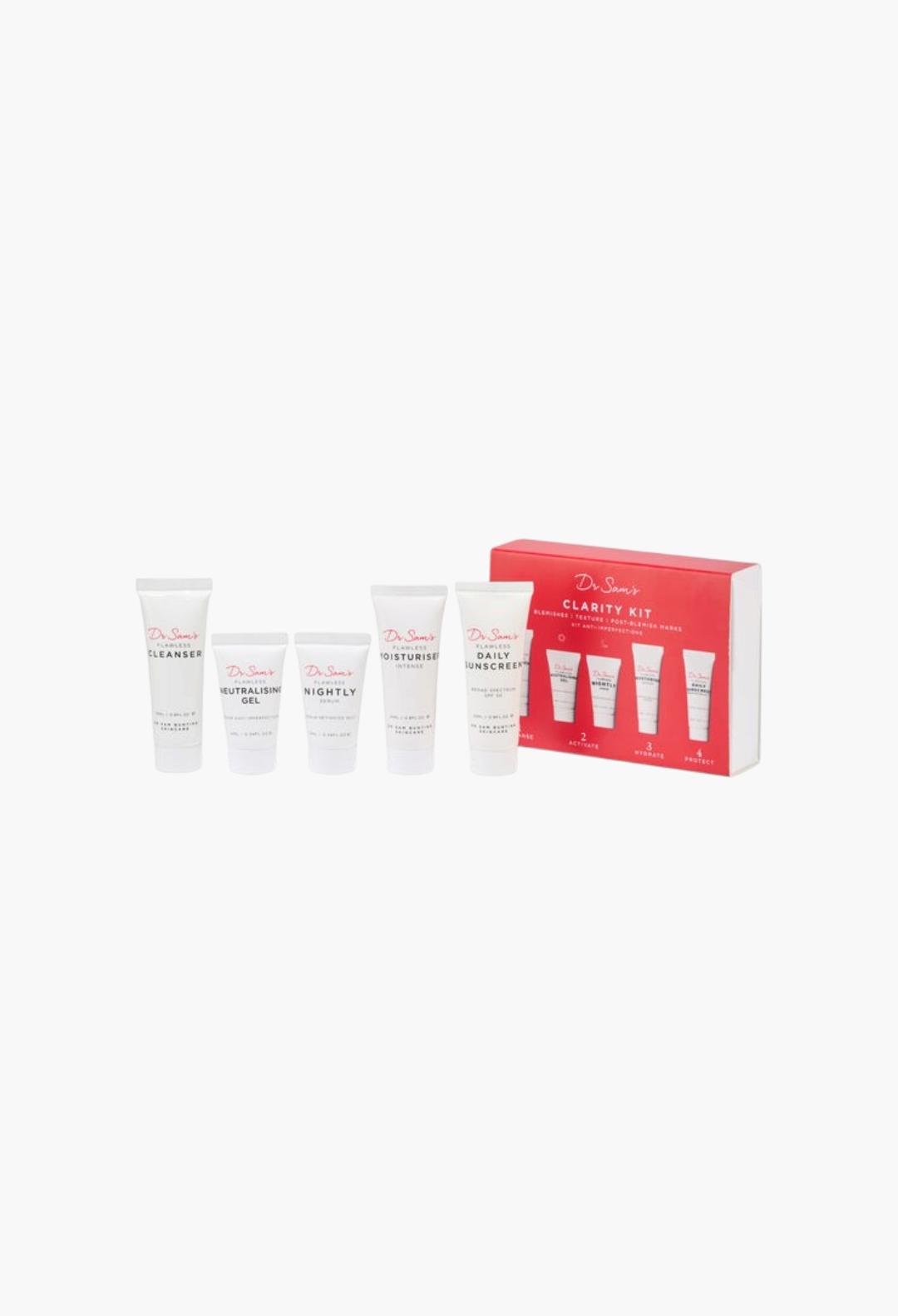GLAM MODA Dr Sam's Clarity Kit featuring four skincare tubes and a red presentation box for blemish-prone skin.