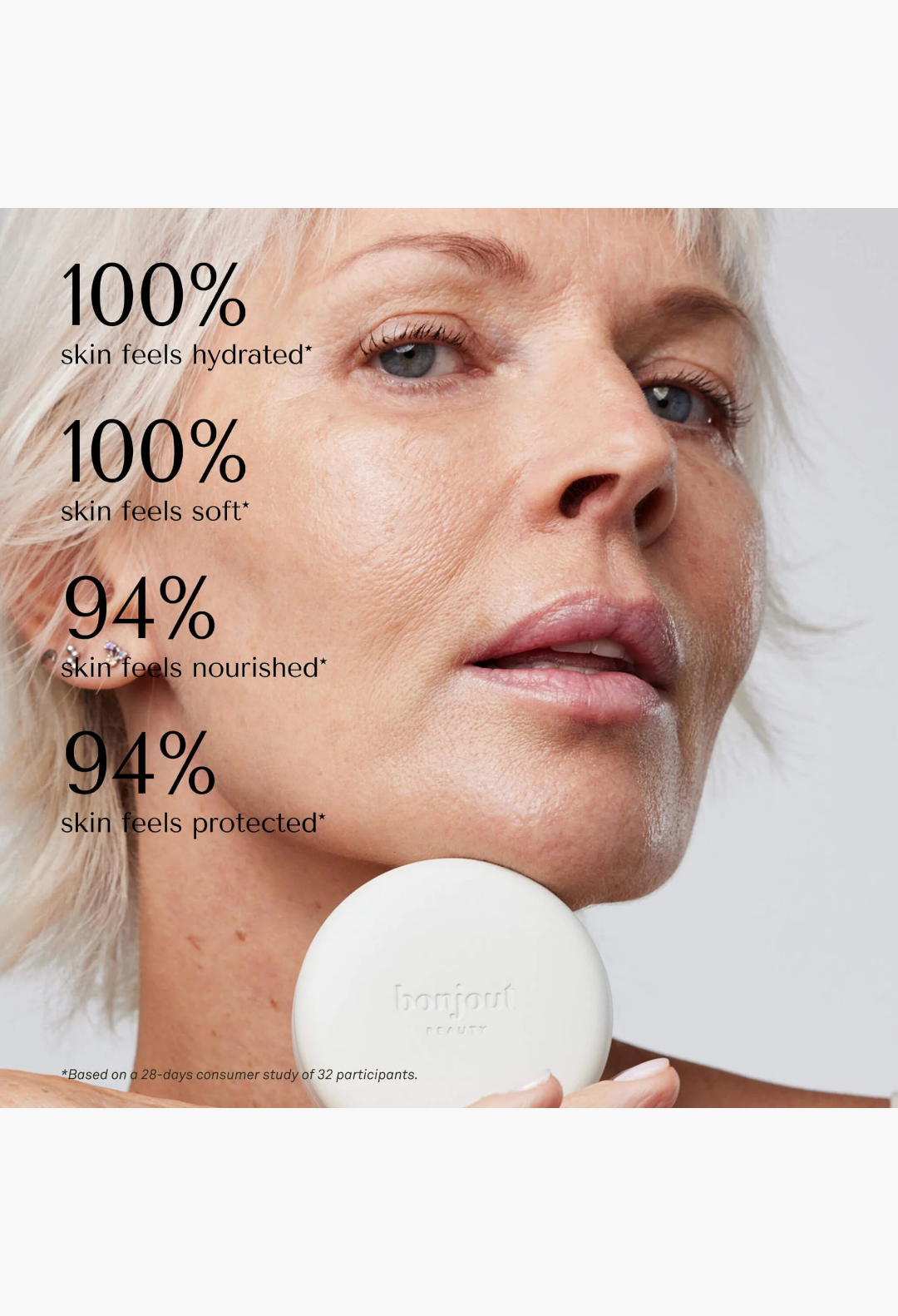 GLAM MODA Le Balm Duo unscented solid serum held by a woman with radiant skin and clinical efficacy statistics