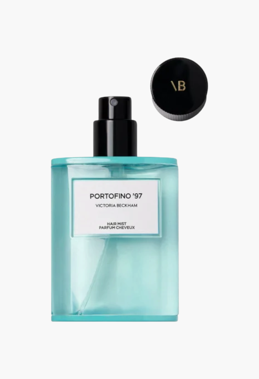 GLAM MODA Portofino '97 hair perfume in a clear, light blue glass bottle with a black spray nozzle and cap.