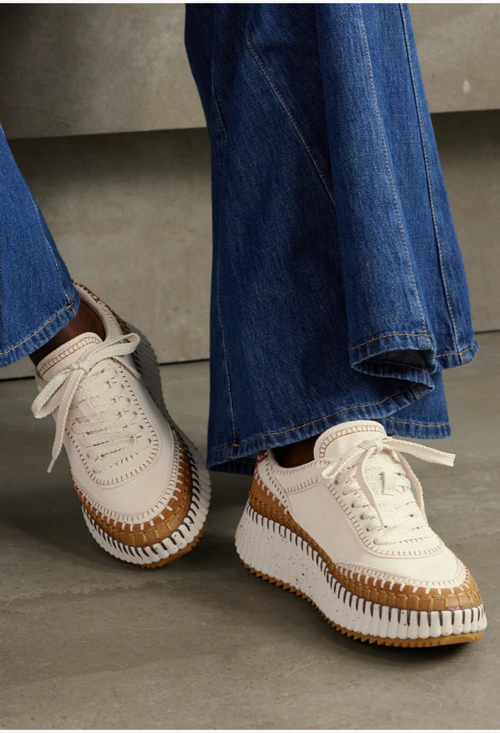 White - Nama Embroidered Leather-Trimmed Suede Sneakers - GLAM MODA