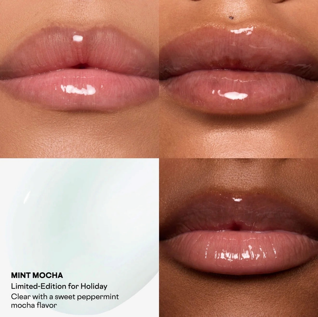 GLAM MODA PATRICK TA Mint Mocha tinted lip balm applied on lips showing a clear, high-shine hydrating finish.