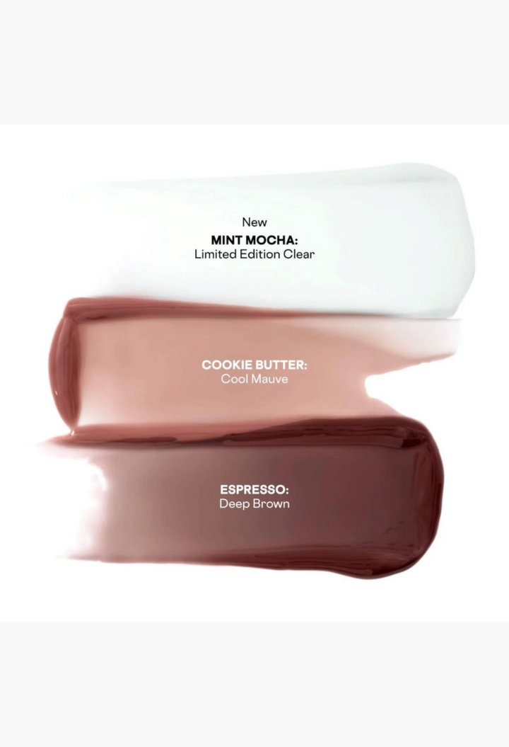 GLAM MODA PATRICK TA lip balm swatches in clear Mint Mocha, cool mauve Cookie Butter, and deep brown Espresso shades.
