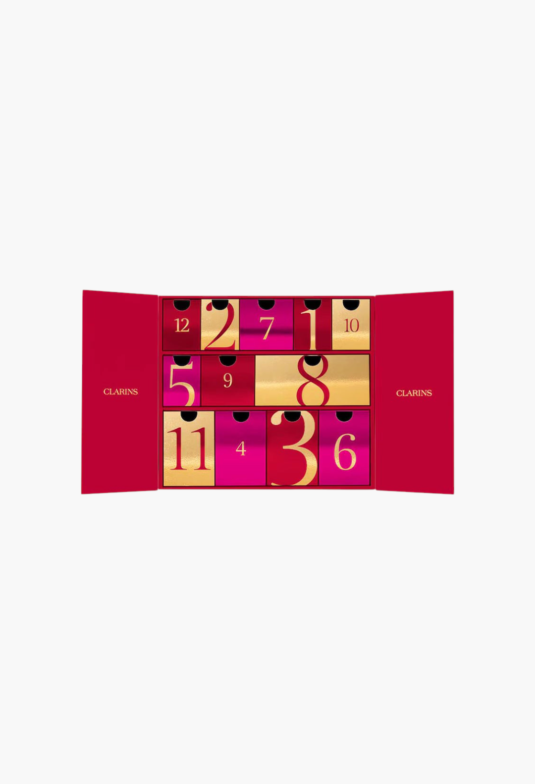 GLAM MODA Clarins 12-Day Beauty Advent Calendar with red and gold numbered drawers for skincare and makeup treats.